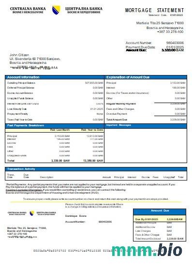 Bośnia i Hercegowina Bank Centralny wyciąg z kredytu hipotecznego szablon Word i PDF